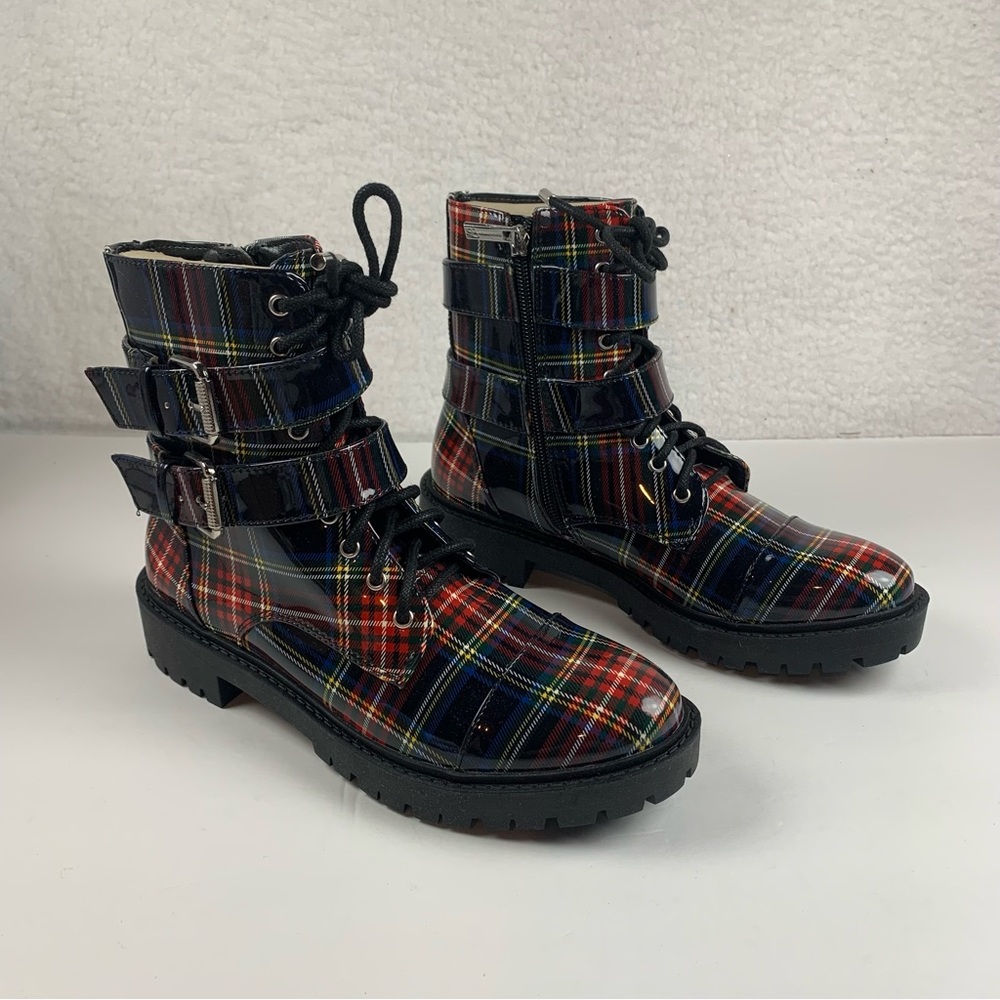 Jessica Simpson Kerina Blue Combo Academy Plaid Combat Boots Size 6 M New S0080